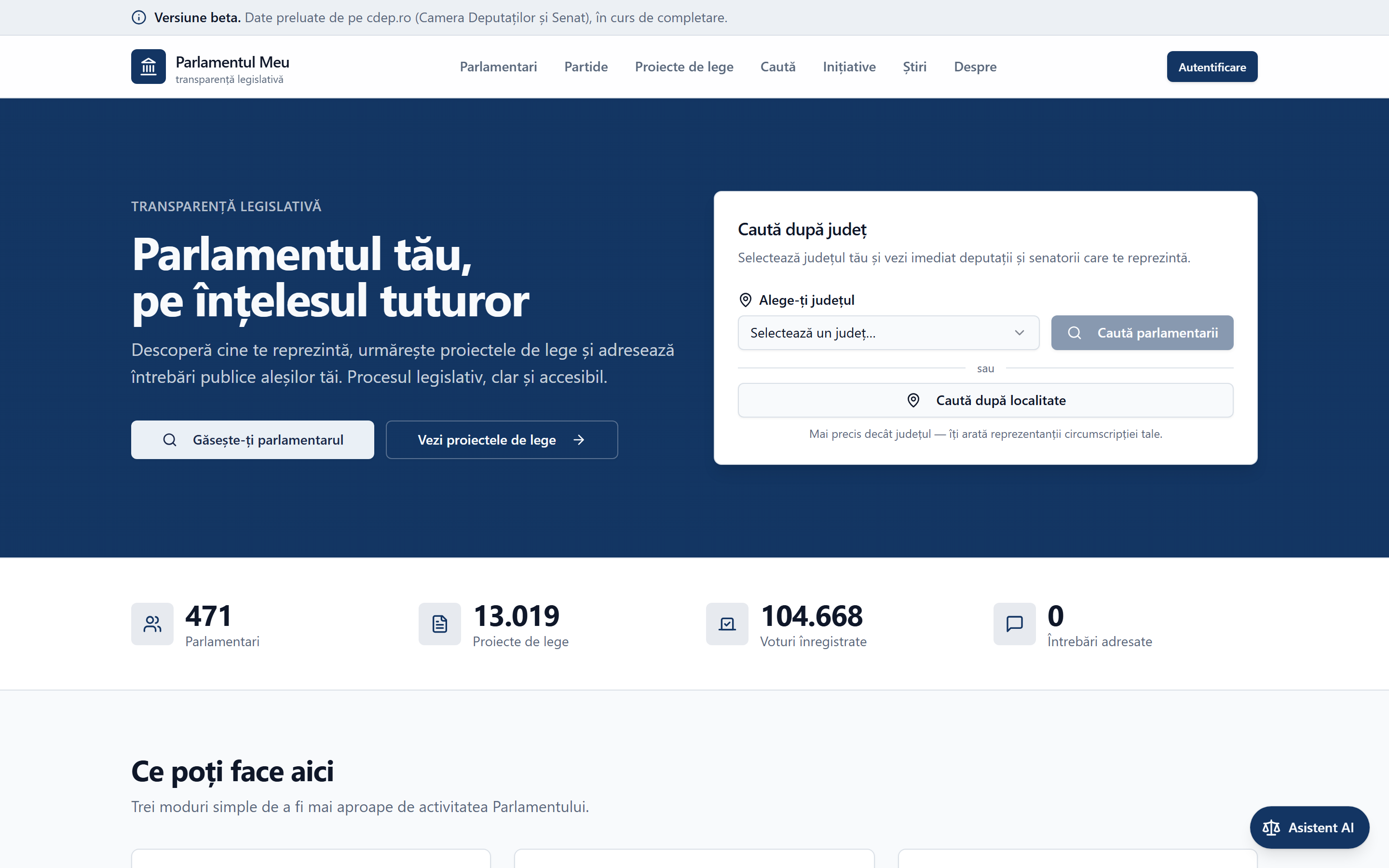 Parlamentul Meu — pagina principală: caută parlamentarii după județ, statistici live